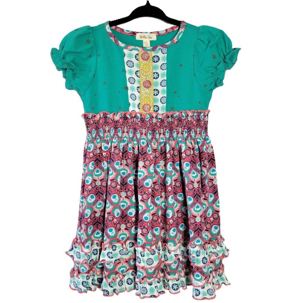 Matilda Jane Girls Turquoise Star‎ Ruffle Smocked Waist Dress Size 2T